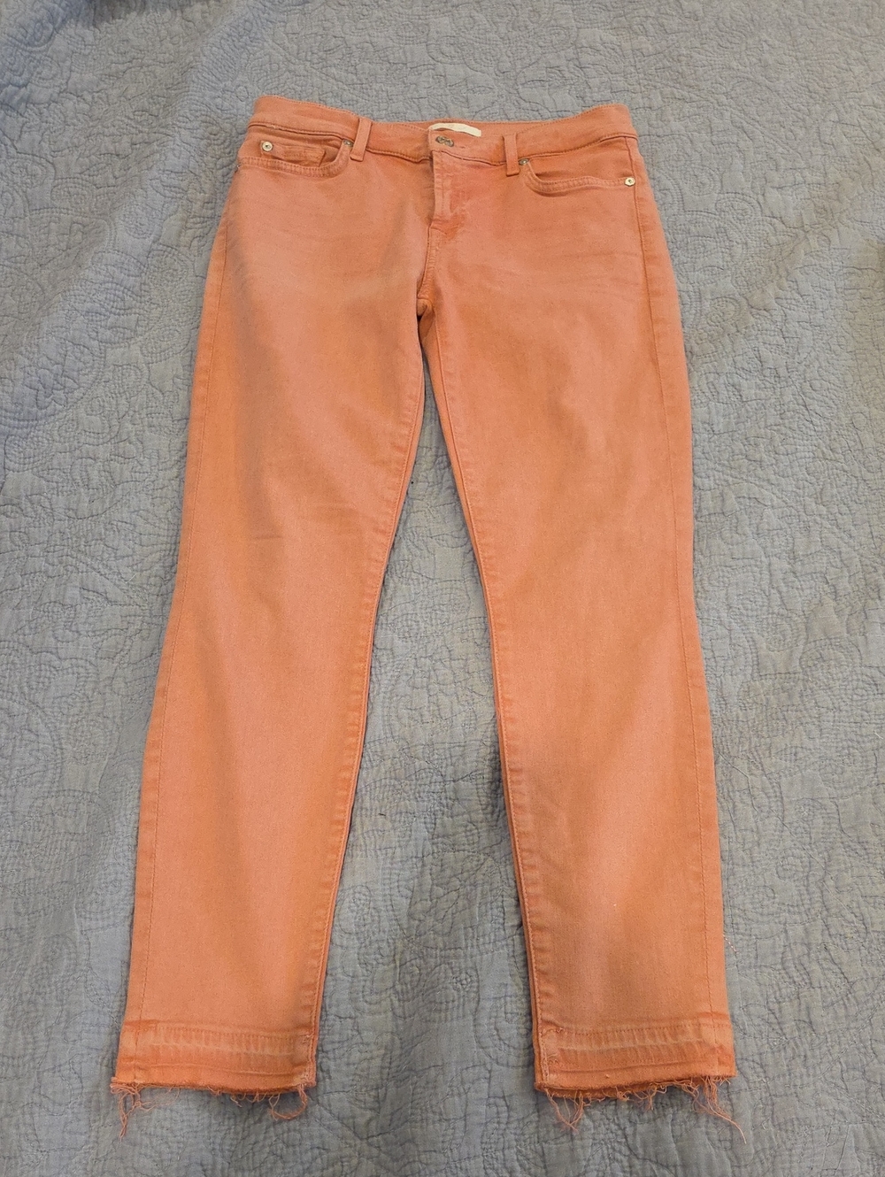 7 For All Mankind Ankle Skinny Jeans Peach Pink Coral Raw Hem Size 28!